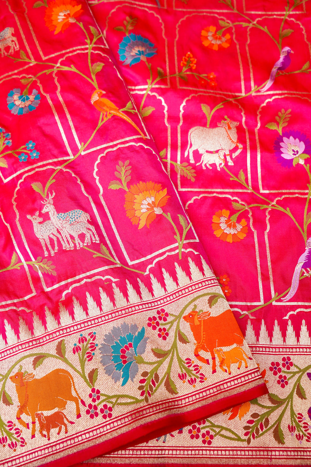 Pure Pink Bridal Banarasi Handloom Katan Silk Kimkhwab Meenakari Saree with Pichwai Inspired Patterns