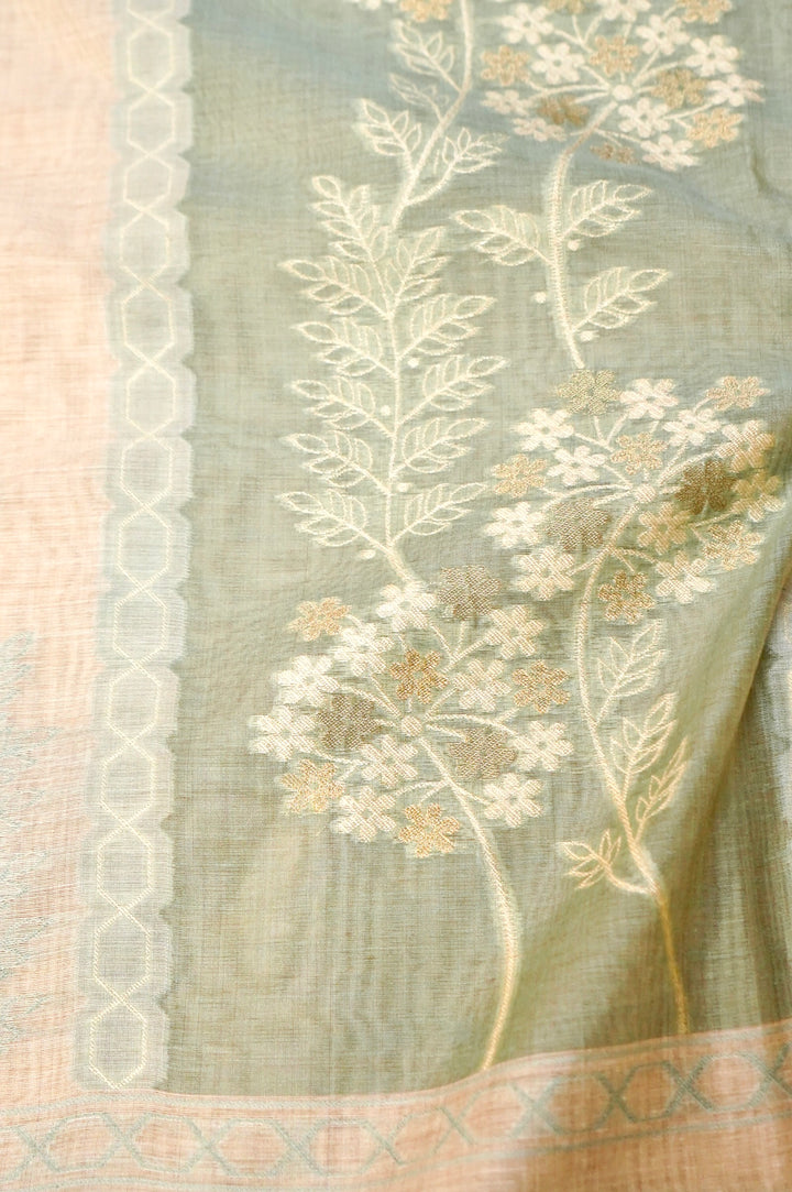 Off White &amp; Green Floral Woven Unstitched Suit Set