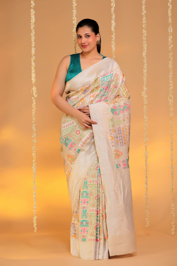 handwoven offwhite banarasi pure munga tussar georgette meenakari saree front view