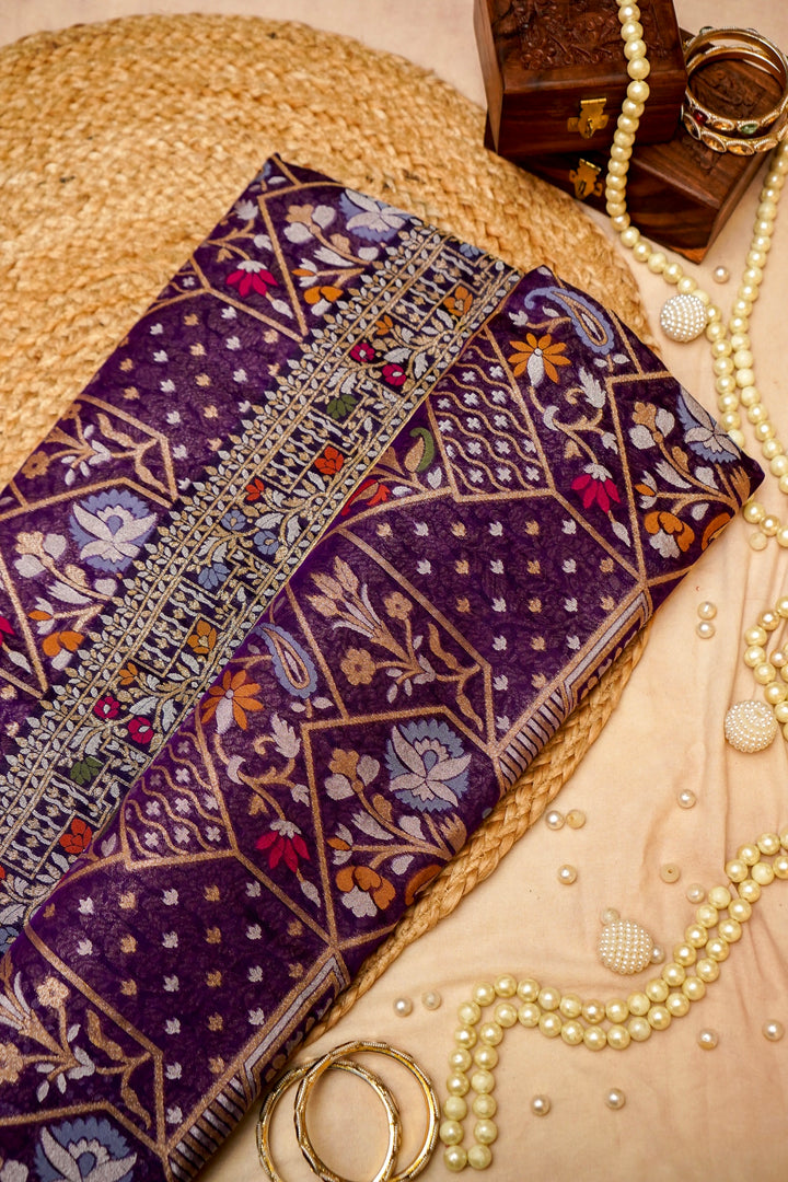 Handwoven Banarasi Pure Katan Silk Purple Jamdani Pattern Saree View 1