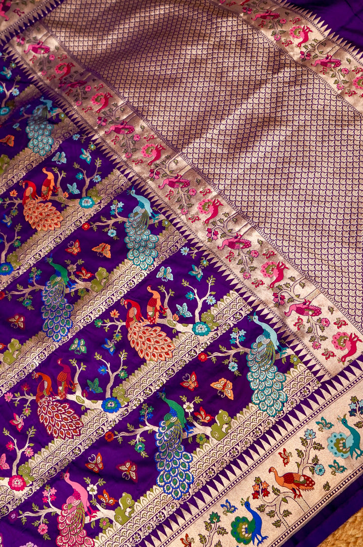 Handwoven Banarasi Pure Meenakari Shikargah Peacock Motif Katan Silk Saree View 2