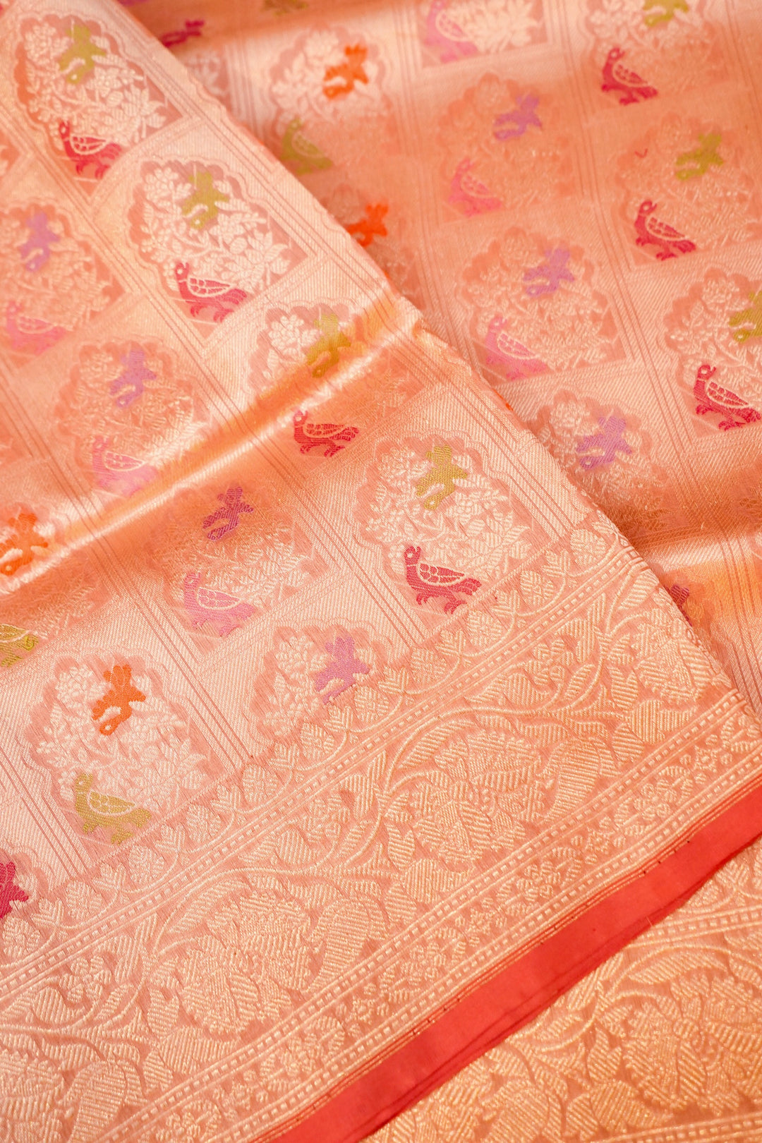 Peach Pure Handloom Banarasi Katan Silk Meenakari Saree