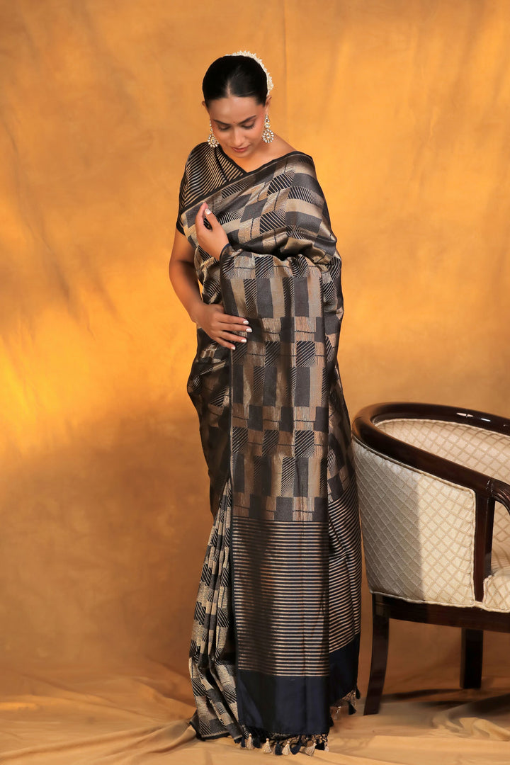 handwoven banarasi brocade black and golden pure katan silk saree front view 3