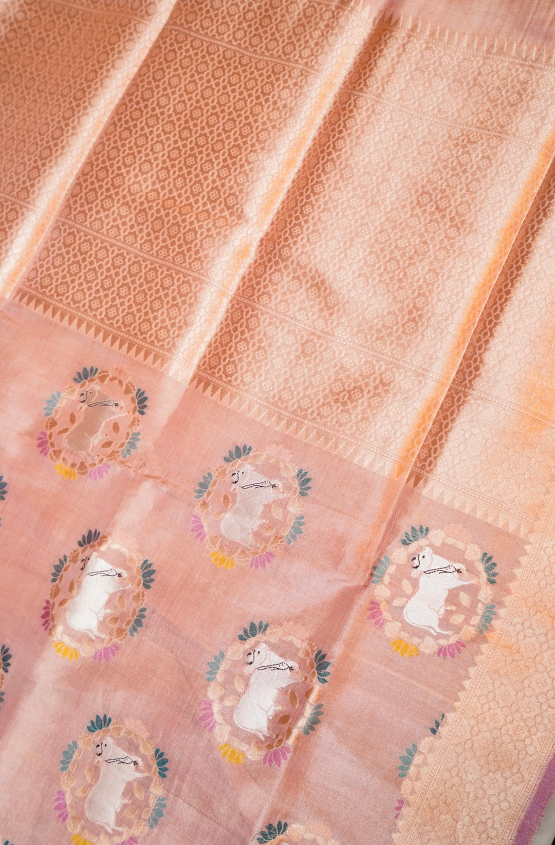 Handwoven Rose Gold Banarasi Pure Tissue Katan Silk Saree with Nandi Motifs