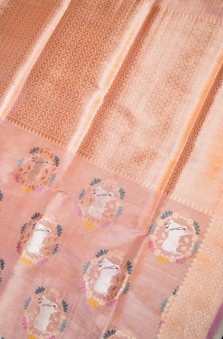 Handwoven Rose Gold Banarasi Pure Tissue Katan Silk Saree with Nandi Motifs