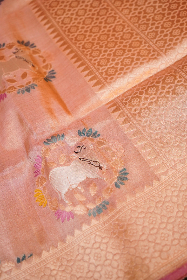 Handwoven Rose Gold Banarasi Pure Tissue Katan Silk Saree with Nandi Motifs