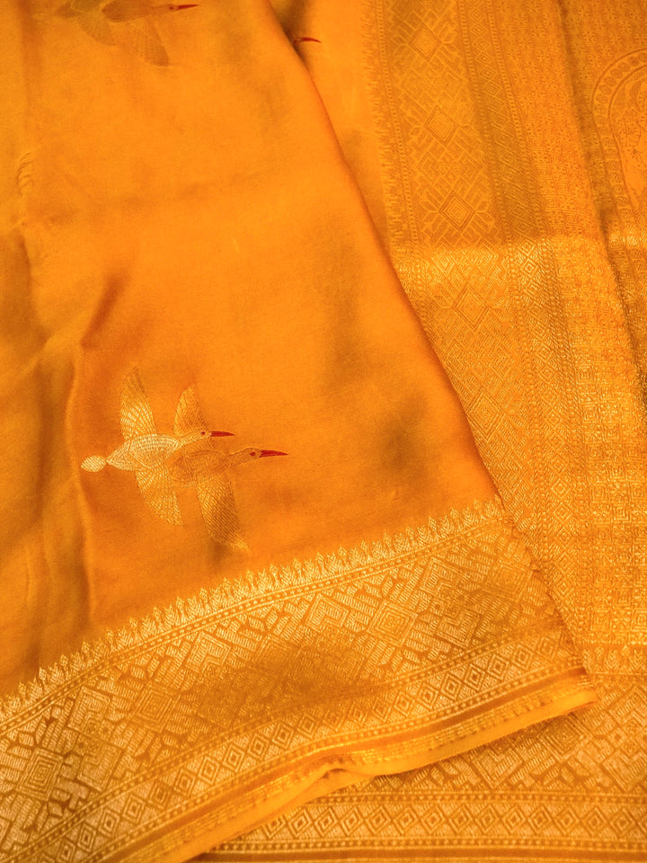 Banarasi Mustard Mashru Silk Saree with Zari Weave Bird Motif