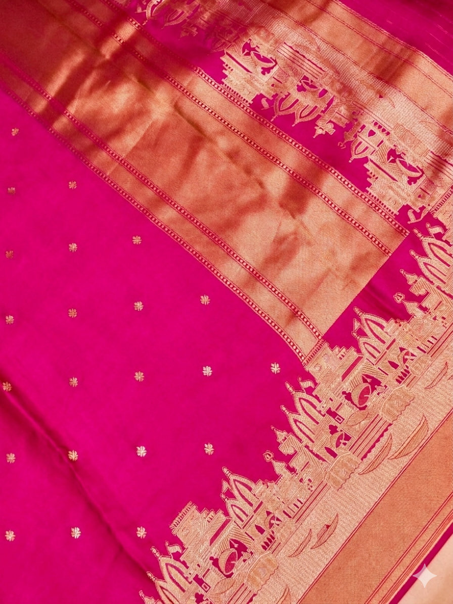 Hot Pink Banarasi Mashru Silk Saree with Ghat Designing Border