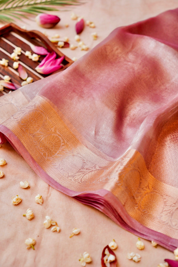 Grace in Bloom Pink Handwoven Copper Gold Tissue Silk Saree with Ornate Zari Border & Pallu