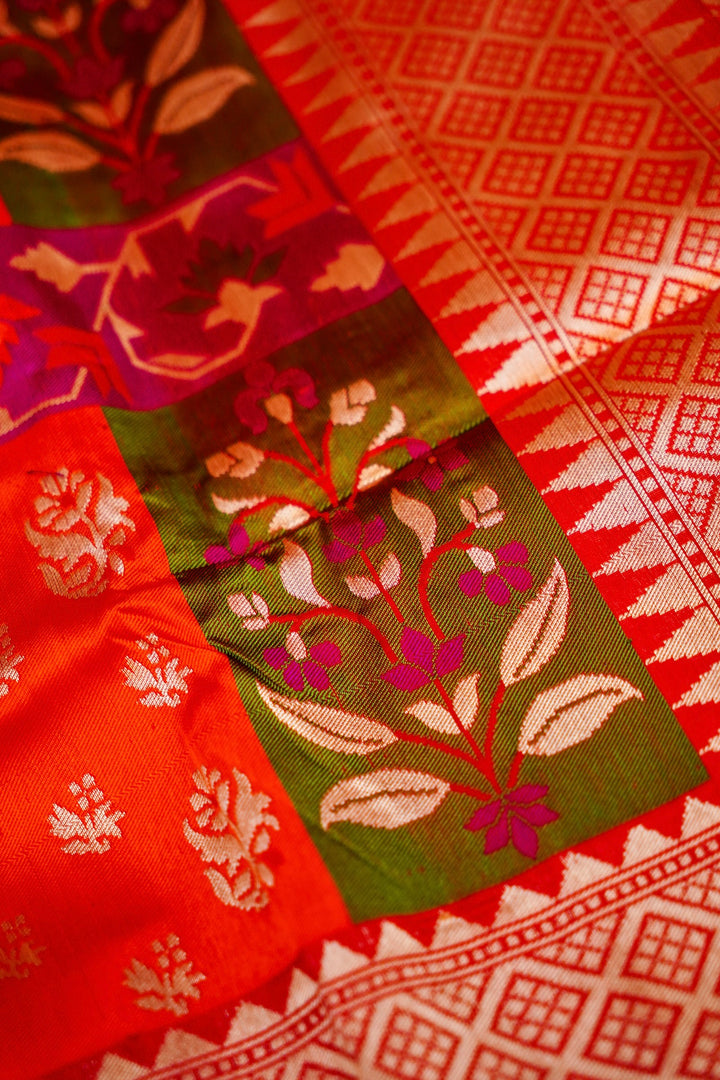 Handwoven Red Rangkat Banarasi Pure Katan Silk Saree with Zari & Thread meenakari floral Motifs