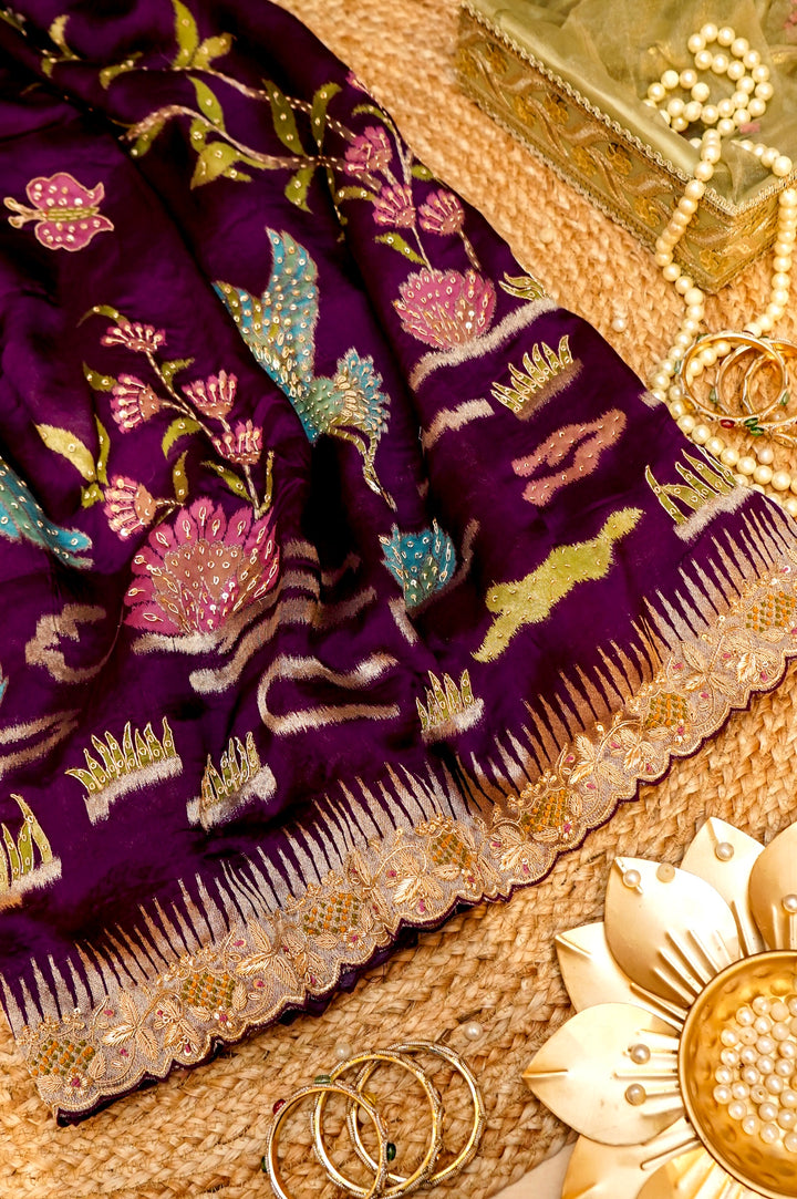 Plum Purple Pure Organza Silk Weaving Saree with Hand Zardozi Embroidery View 1