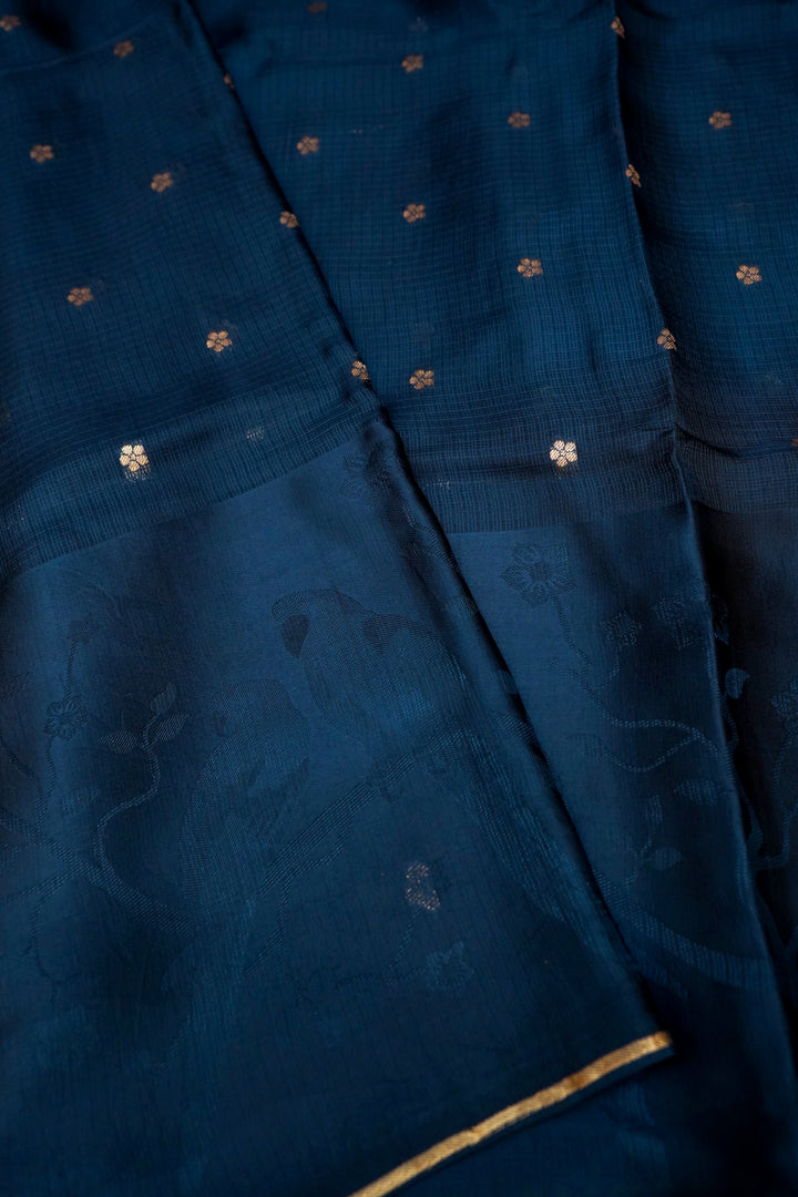 Teal Blue Banarasi Kota Saree with Silk Border &amp; Paithani Inspired Weaving