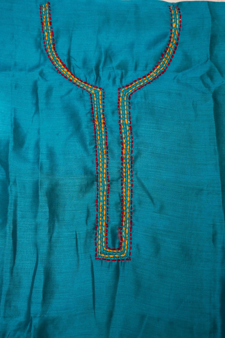 Peacock Green Crepe Silk Suit Set with Appliqué and Kantha Embroidery Neckline View 4
