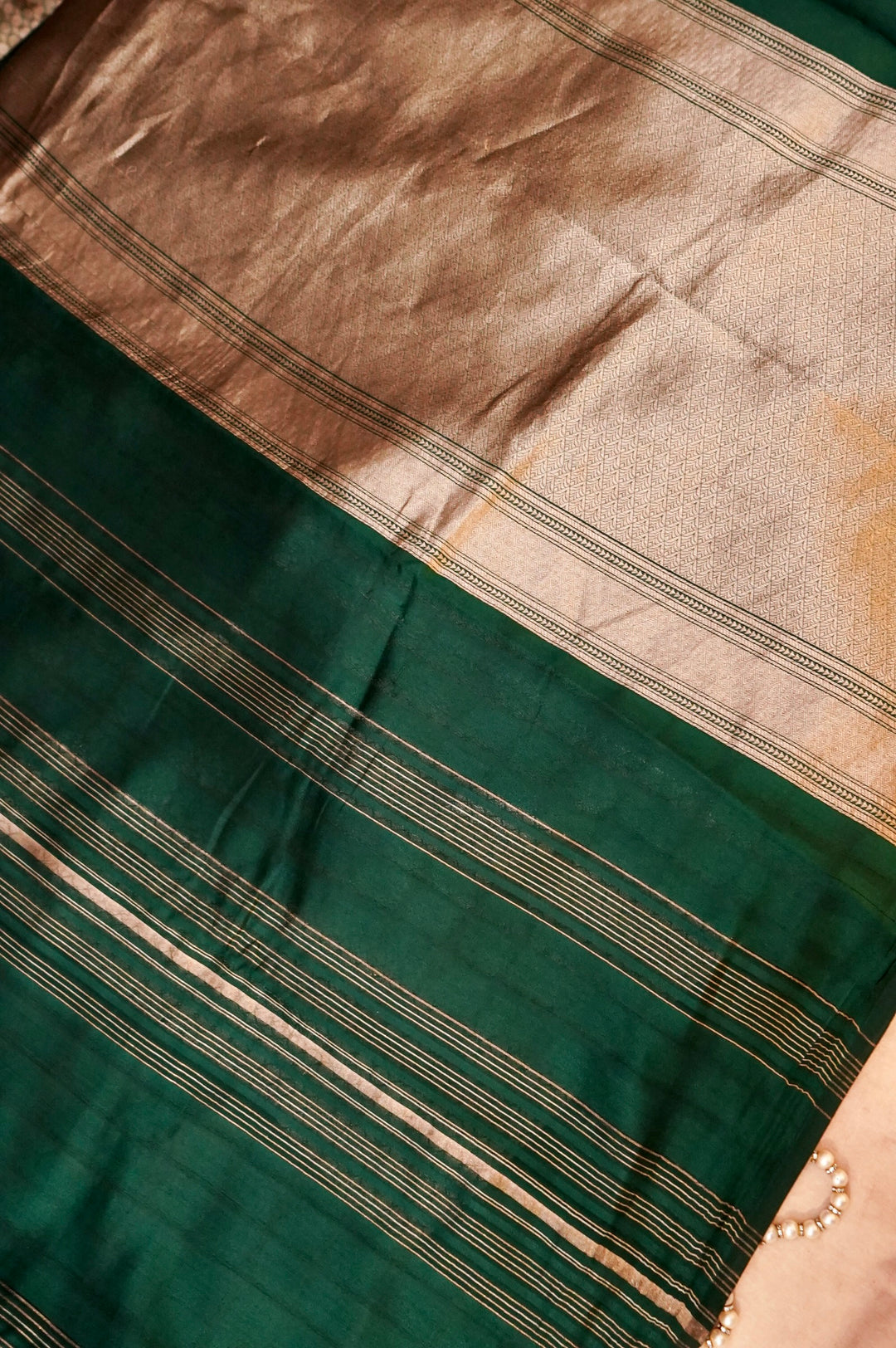 Emerald Heritage – Pure Banarasi Silk Saree with Stripes &amp; Shibori Weaving