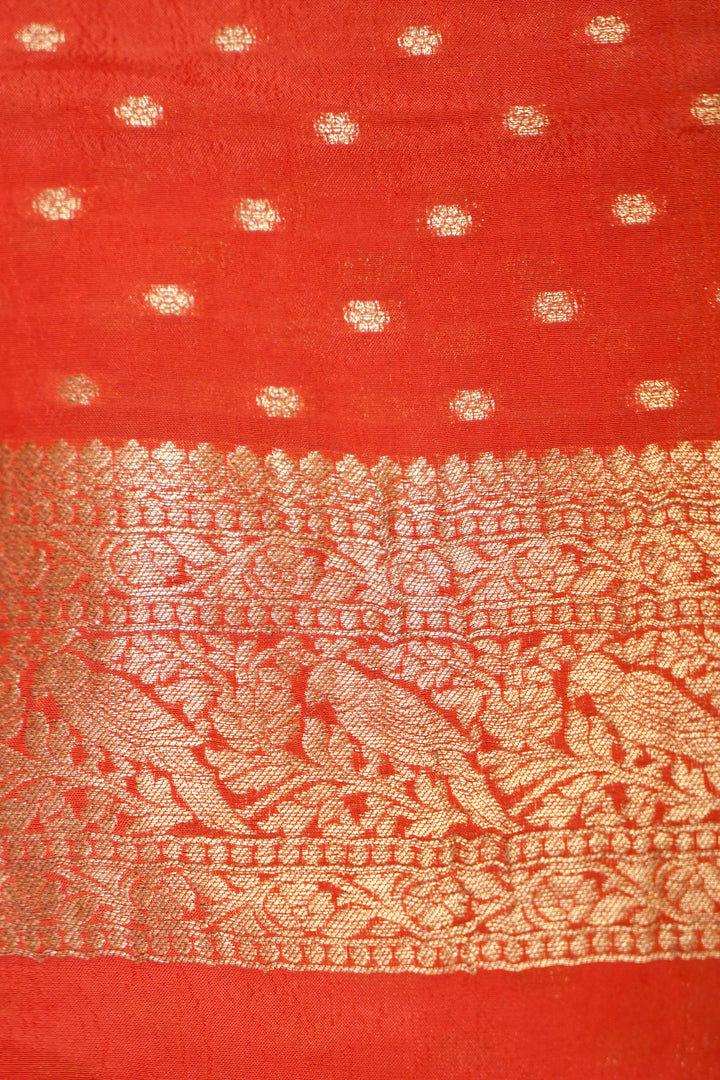 Rich Rust Orange Banarasi Chinon Georgette Saree with Antique Zari Figure Motifs