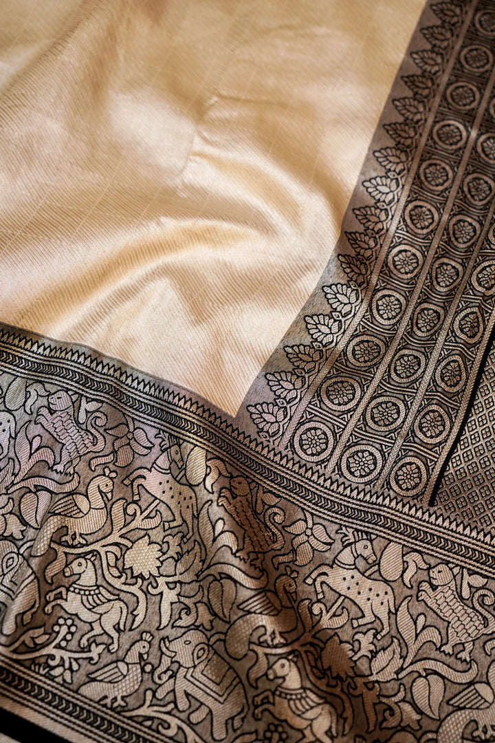 White Banarasi Kanjivaram Silk Saree with Black Contrast Border & Pallu