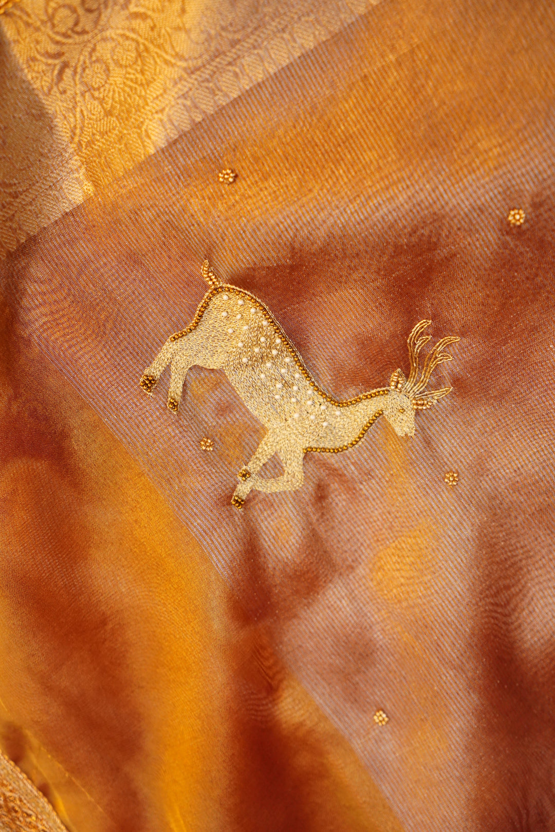 Rajvanshi Roop – Copper Gold Maharani Tissue Silk Saree