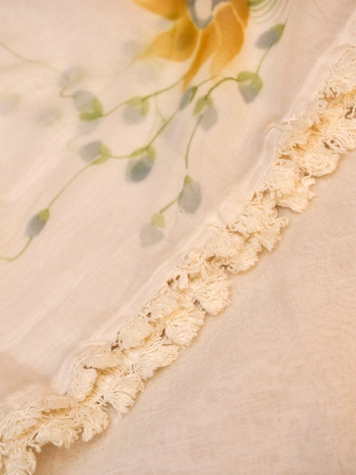 White Chanderi Silk Suit Set with Hand Painted Floral Dupatta