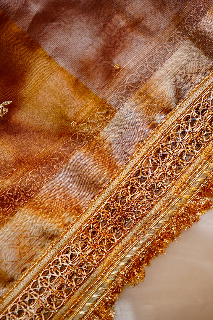 Copper Brown Banarasi Maharani Tissue Silk Saree with Gayatri Mantra Pallu & Scallop Border