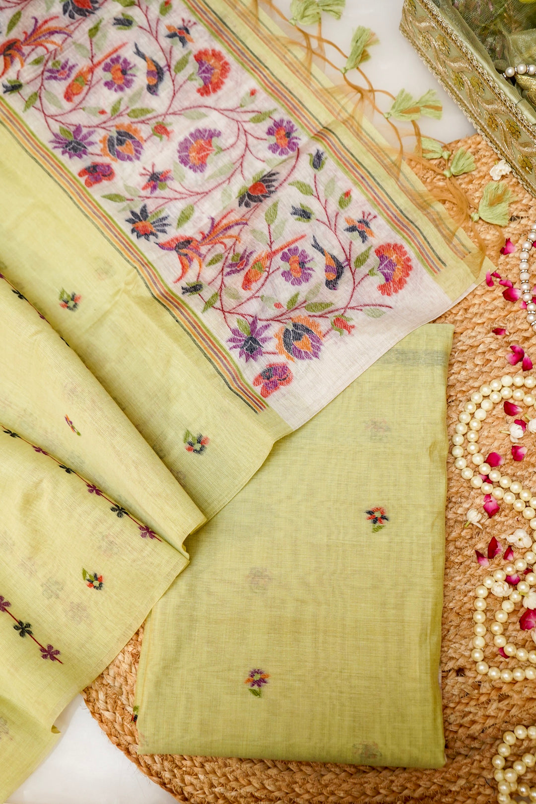 Pista Green Floral &amp; Bird Print Unstitched Suit Set with Artistic Dupatta