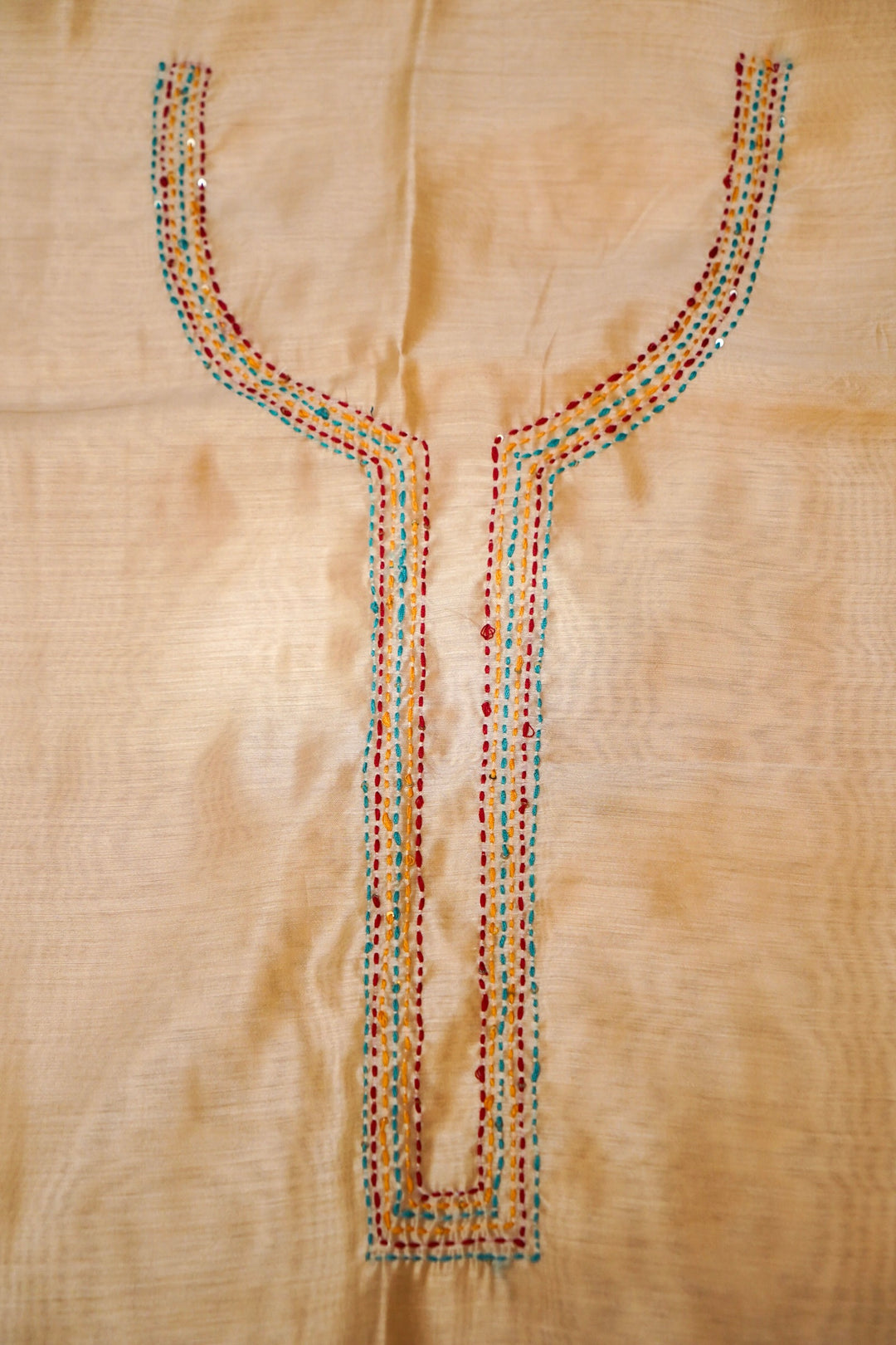 Beige Crepe Silk Suit Set with Appliqué and Kantha Embroidery Neckline View 5