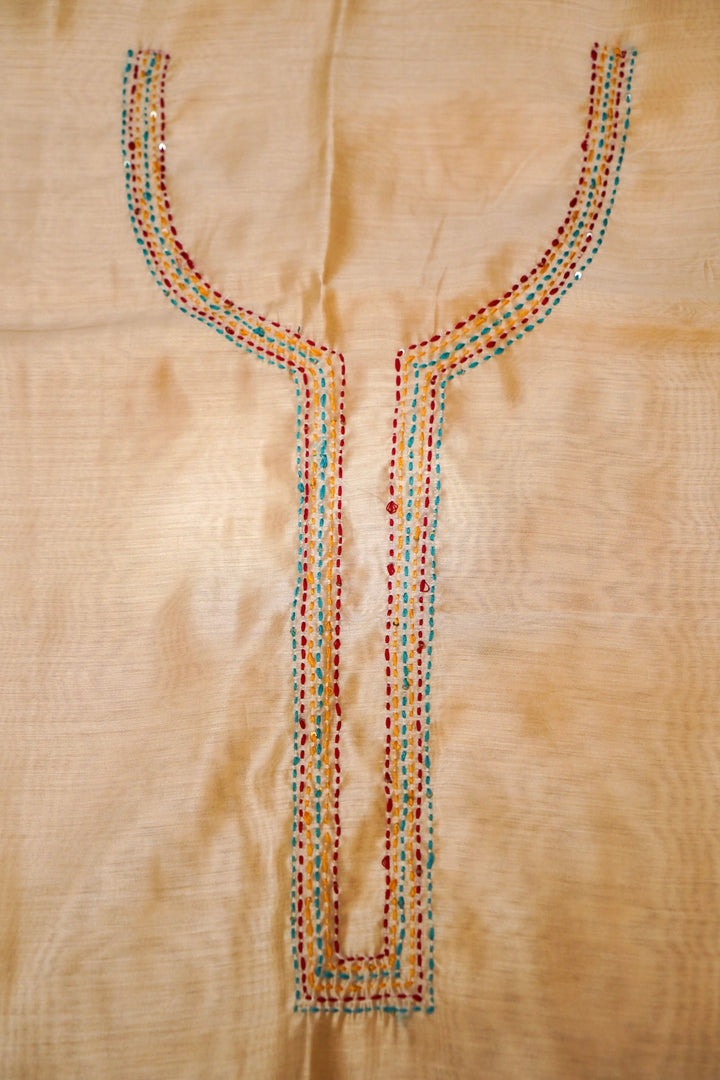 Beige Crepe Silk Suit Set with Appliqué and Kantha Embroidery Neckline View 5