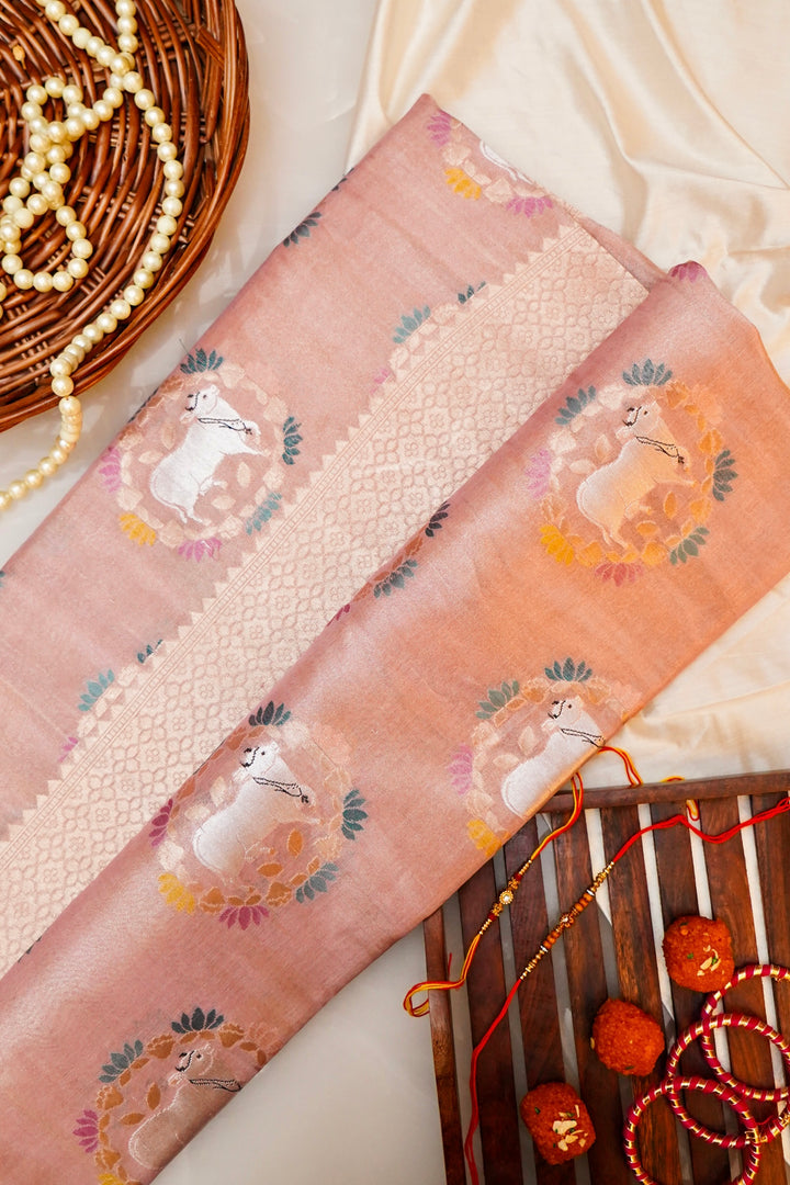 Handwoven Rose Gold Banarasi Pure Tissue Katan Silk Saree with Nandi Motifs