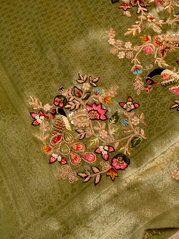 Elegant Light Green Banarasi Brocade Silk Saree with Zardozi & Resham Work