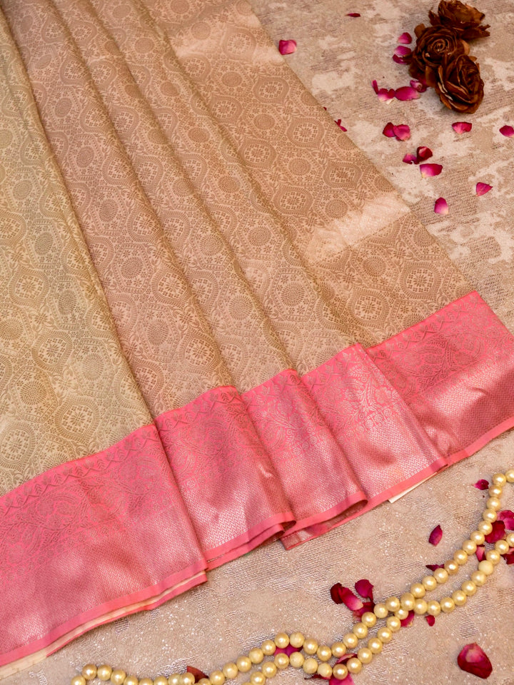 Beige Banarasi Brocade Silk Saree with Pink Contrast Border and Pallu