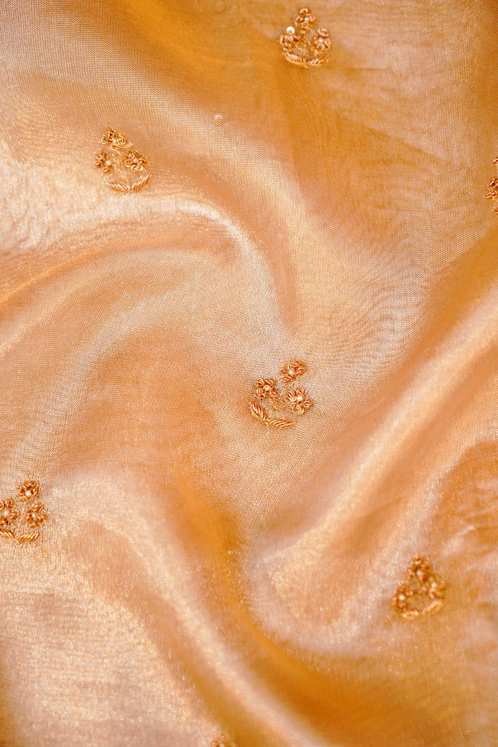 Luxurious Rose Gold Pure Silk Tissue Saree with Zardozi Embroidery