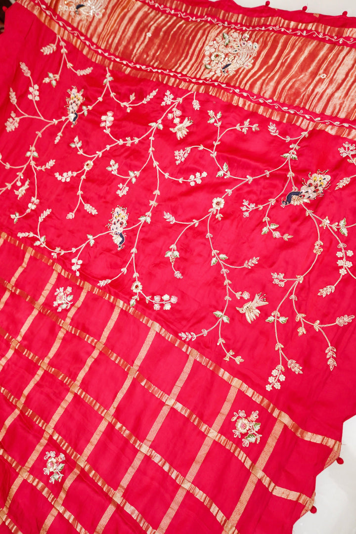 Pink Pure Gajji Gharchola Saree with Scallop Border & Zardozi Meenakari Work