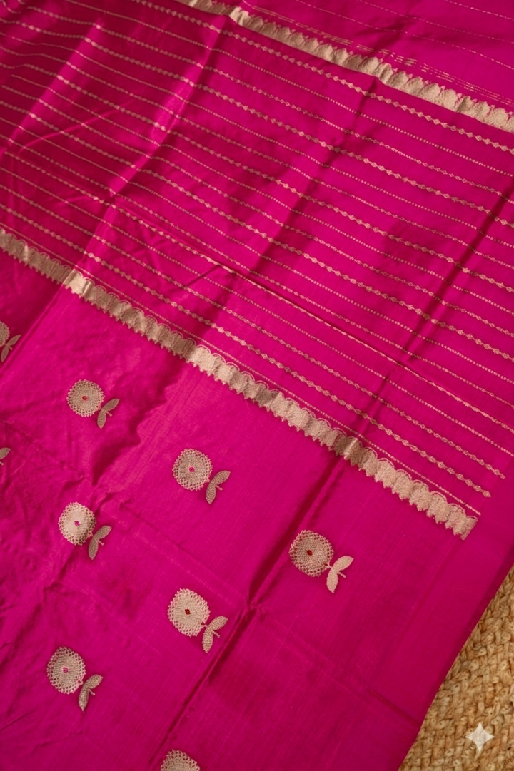 Handwoven Rani Pink Banarasi Pure Puna Silk Saree with Meenakari Booti