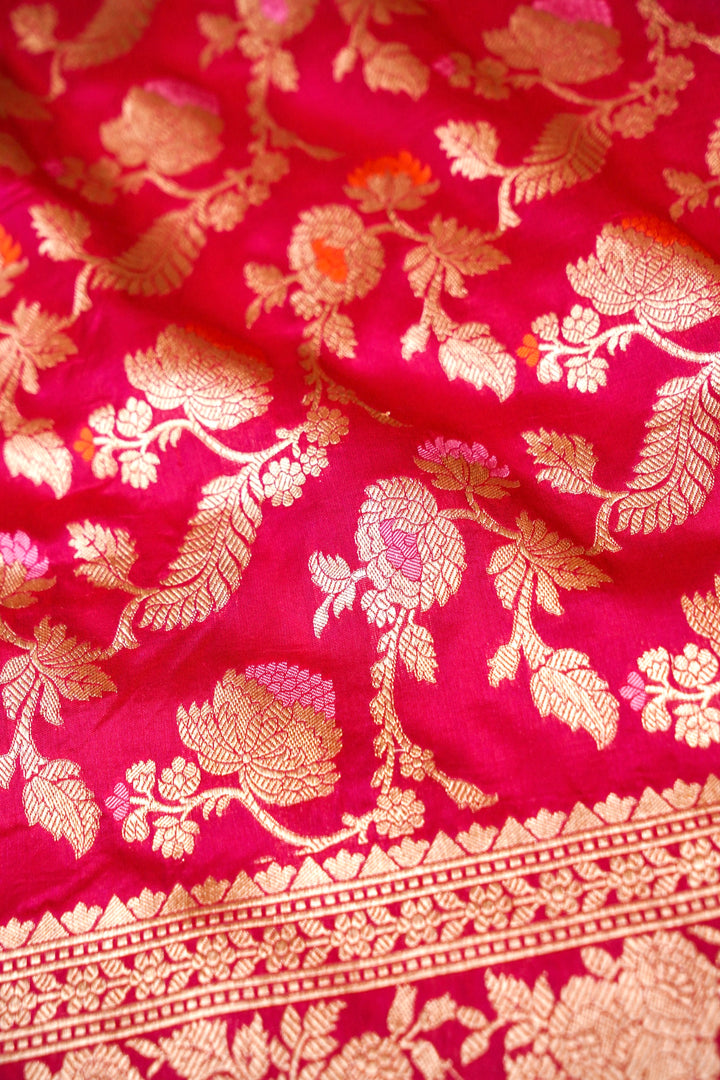 Pink Handloom Pure Katan Silk Meenakari Jangla Saree with Heavy Border & Pallu