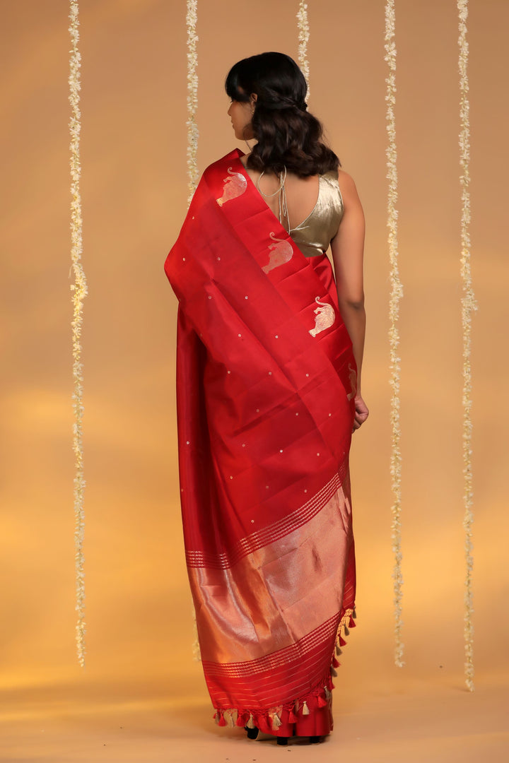 Handwoven Red Banarasi Pure Mashru Silk Bridal Saree Tiger Motif Back View