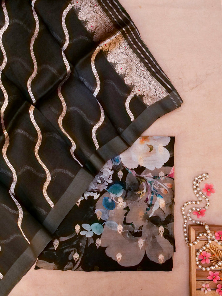 Black Pure Chiniya Silk Printed Suit with Kadwa Organza Dupatta View 1