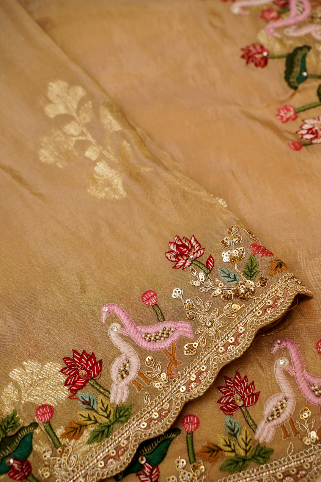 Beige Gold Lehenga Pattern Half Half Tissue Silk Meenakari Embroidery Saree View 8