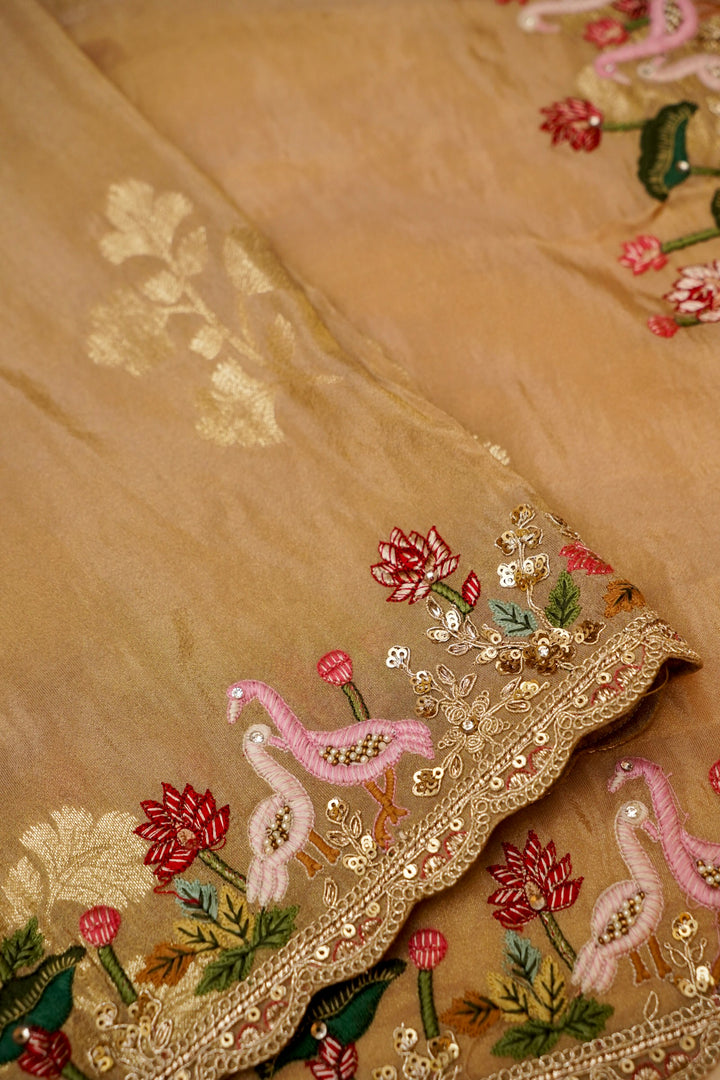 Beige Gold Lehenga Pattern Half Half Tissue Silk Meenakari Embroidery Saree View 8