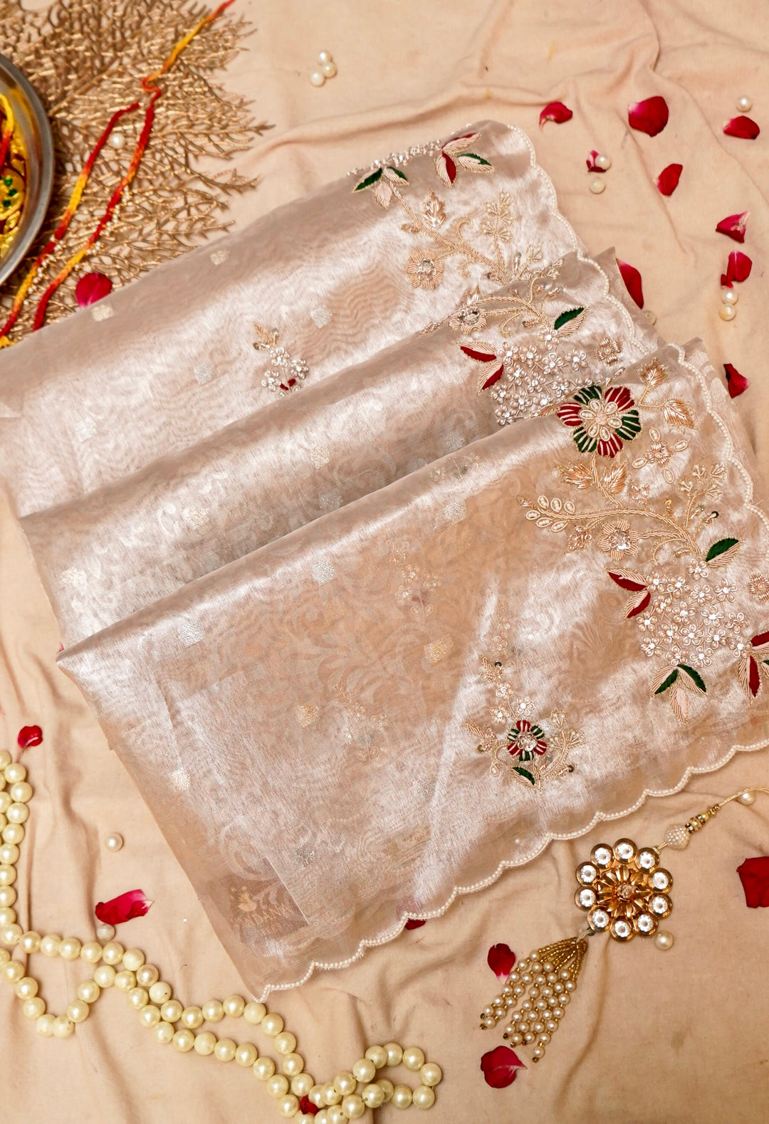 Gold Silver Tissue Silk Saree with Self Tanchoi Weaving Zardozi Resham Embroidery View 1
