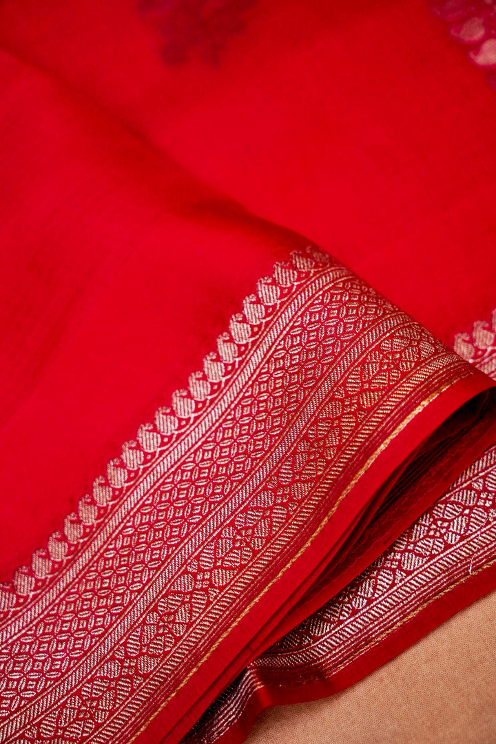 Red Bridal Banarasi Kora Silk Saree Zari Weave Grand Border & Pallu
