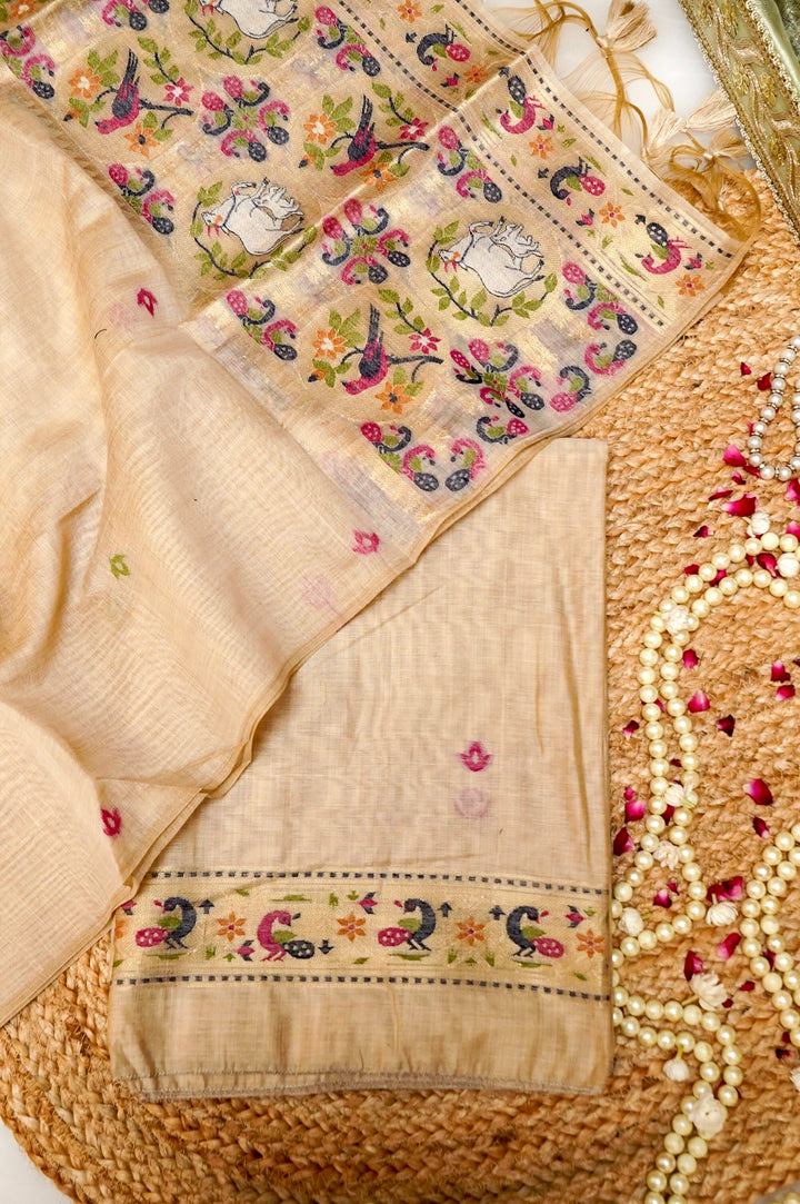 Beige Woven Unstitched Suit Set with Bird Motif Dupatta