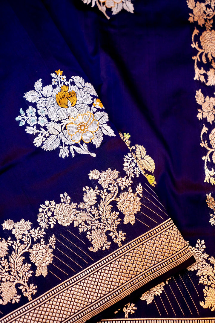 Royal Navy Blue Pure Handloom Katan Silk Kadwa Banarasi Saree
