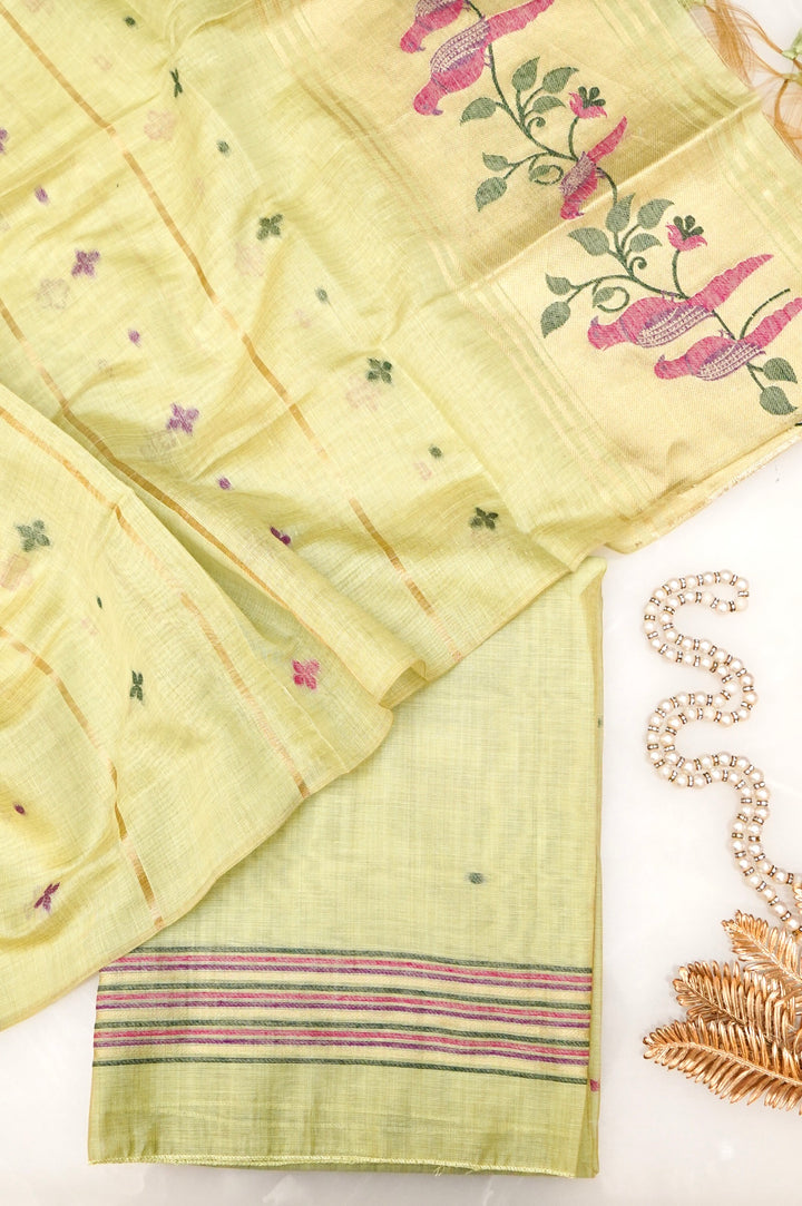 Luxe Pastel Mint Green Meenakari Bird Cotton Silk Suit Set