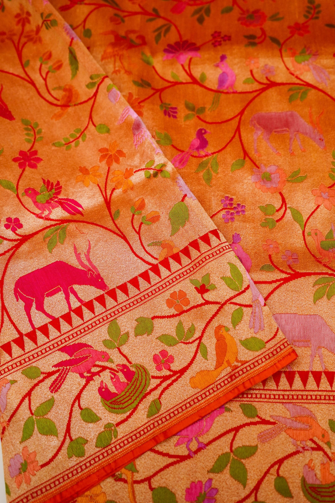 Handwoven Red Banarasi Pure Katan Silk Saree with Golden Zari Woven Animal & Bird Motifs