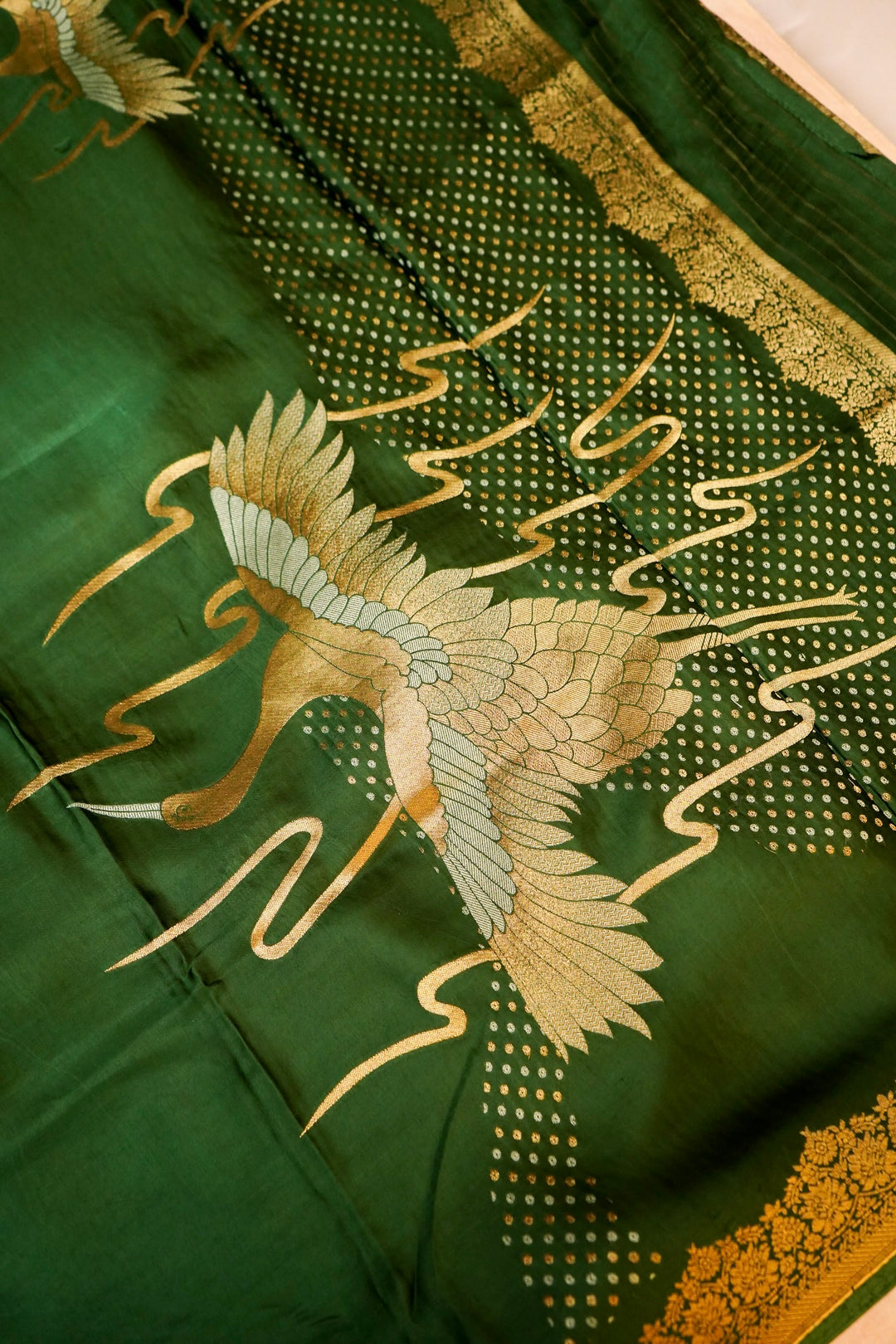 Green Banarasi Satin Crepe Bandhej Weaving Saree with Birds Motif