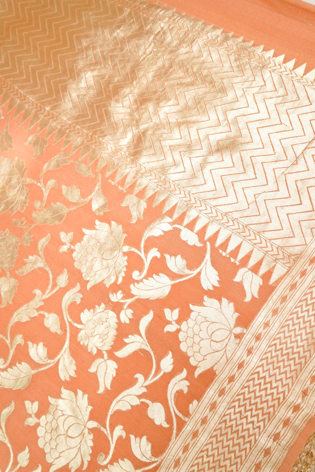 Elegant Peach Handloom Pure Banarasi Georgette Tussar Silk Saree