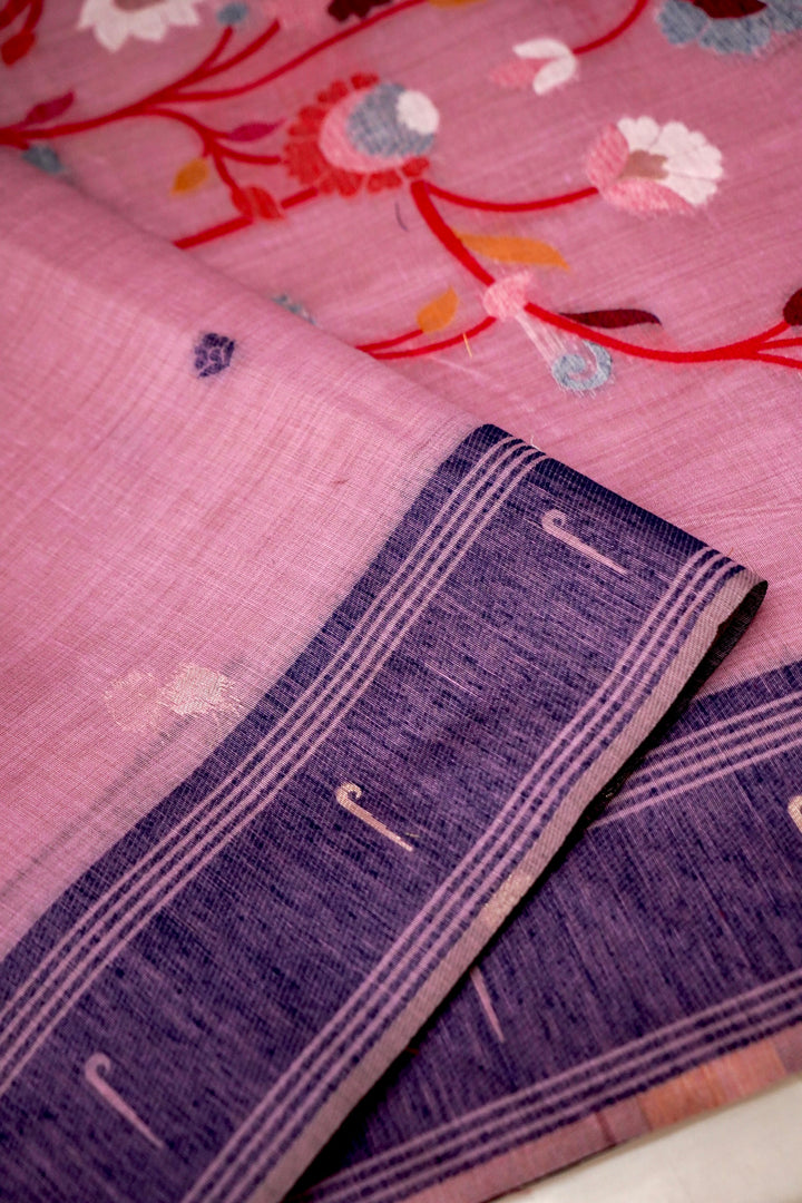 Charming Pink Cotton Silk Saree with Zari Bootidar Weave Jamdani Inspired Pallu View 3
