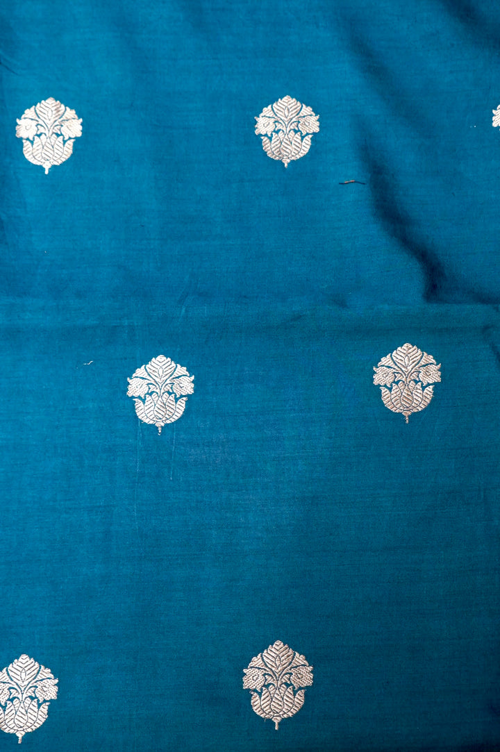Teal Blue Modal Silk Co-Ord Set with Silver Zari Leaf Buti