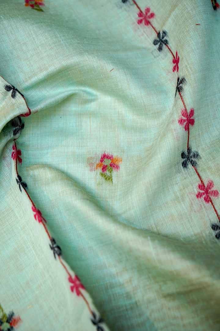 Aqua Blue Floral &amp; Bird Print Unstitched Suit Set with Artistic Dupatta