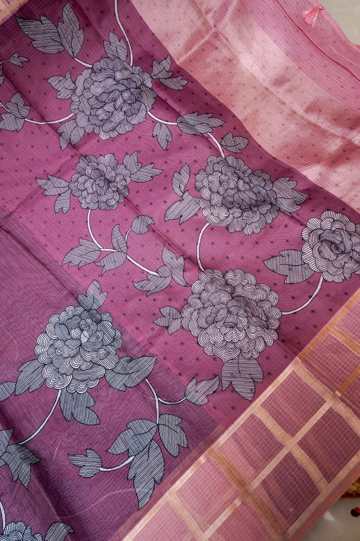 Mauve Pink Kota Check Saree with Printed Body and Zari Weave Check Border View 2
