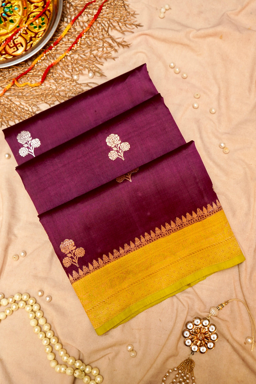 Banarasi Pure Katan Silk Wine Saree with Sona Rupa Buti View 1